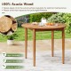Round 36-inch acacia wood outdoor dining table for 4, featuring a slatted design and smooth corners for safety.