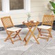 Two outdoor folding chairs with beige seat cushions and a round acacia wood table, perfect for dining or picnics.