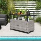 Gray outdoor bar cart with hand-woven PE rattan, tempered glass top, and 8 hooks, perfect for BBQ parties.