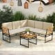 Top view of the 4 Pieces Patio L-Shaped Sofa Set featuring cushions and acacia wood accents, ideal for outdoor.