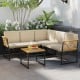 Corner view of the 4 Pieces Patio L-Shaped Sofa Set featuring beige cushions, sturdy frame, and elegant acacia wood.