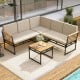L-shaped patio sofa set with beige cushions and acacia wood armrests, perfect for backyard or poolside relaxation.