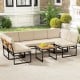 Beige 6-piece outdoor sectional sofa set with metal frame, acacia wood accents, and cushions, ideal for backyard.