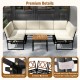 6-piece outdoor sectional sofa set with beige cushions, featuring a metal frame and acacia wood accents for backyard.