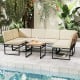 Beige 6-piece outdoor sectional sofa set with metal frame and acacia wood tabletop, ideal for poolside relaxation.