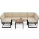 6-piece outdoor sectional sofa set with beige cushions and acacia wood tabletop, perfect for backyard relaxation.