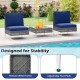 Navy blue PE rattan conversation chairs with tempered glass coffee table, designed for stability in outdoor settings.