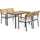4-piece patio furniture set featuring acacia wood dining table and stackable chairs with white cushions for outdoor.
