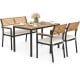 4-piece outdoor dining set featuring acacia wood table and chairs with cushions, perfect for patio gatherings.
