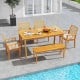 Outdoor acacia wood dining set with two armchairs and removable cushions, perfect for patio meals by the pool.