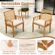 Two acacia wood patio dining chairs with removable cushions for comfort, featuring ergonomic backrests and rustic charm.