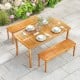 Outdoor dining table with acacia wood slatted top, seating for 4, and umbrella hole, perfect for patio gatherings.
