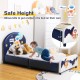 Kids upholstered platform bed with astronaut design, safe height for easy access, and sturdy wooden slats for support.