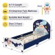 Kids upholstered platform bed with headboard and footboard, designed for twin mattress, featuring cute astronaut.