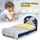 Kids upholstered platform bed with headboard, footboard, and cute patterns, ideal for twin mattresses and safe use.