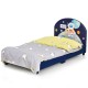 Kids upholstered platform bed with astronaut-themed headboard and footboard, designed for twin mattresses, safe and.