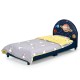 Twin size upholstered platform bed with a space-themed headboard, designed for kids' safety and comfort.