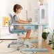 Adjustable blue desk chair for kids with ergonomic design, armrests, and 360-degree swivel for comfortable study.