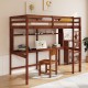 Twin size solid wood slatted loft bed frame in brown with desk and storage shelf, featuring safety guardrails for kids.