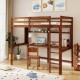 Twin size solid wood slatted loft bed frame in brown, featuring a comfortable integrated ladder and spacious desk for.