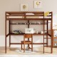 Twin size solid wood slatted loft bed frame in brown with desk, storage shelf, and safety guardrails for kids.