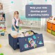 Kids upholstered toy storage box in navy with removable lid, perfect for organizing toys and books in any room.