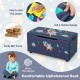 Kids upholstered toy storage box in navy with removable lid, sturdy MDF frame, and soft sponge for comfortable seating.