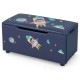 Kids wooden upholstered toy storage box in navy with rocket design, ideal for organizing toys and blankets.