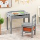 Gray wood activity kids table and chair set with storage, featuring a safety hinge and pen slot for organized play.