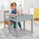 Gray wood activity kids table and chair set with storage, featuring a safety hinge and pen slot for organized play and.