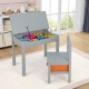 Gray wood activity kids table and chair set with storage, featuring a safety hinge and raised fence for secure play.