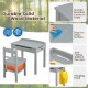 Gray wood activity kids table and chair set with storage, safety features, and raised fence for versatile use.