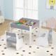 Gray 4-in-1 wooden activity table with storage and detachable blackboard, paired with two matching chairs for kids'.
