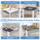 Multifunctional 4-in-1 kids table with gray wooden surface, featuring a detachable blackboard and storage compartments.