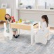 Kids enjoying playtime at a 4-in-1 wooden activity table with storage and detachable blackboard in a bright room.