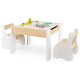 Kids' wooden activity table with detachable blackboard and two chairs, designed for playrooms and safe for children.