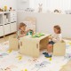 Kids enjoying playtime at a natural birch wood table and chair set, featuring ergonomic design and rounded corners.