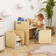 Kids wooden table and chair set in natural finish, featuring multifunctional design and ergonomic lines for safe play.