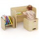 Kids wooden table and chair set in natural finish, featuring a child reading with books stored nearby for a safe.