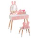 Kids vanity table and chair set in pink with rabbit mirror, featuring two drawers and a storage shelf for playroom use.