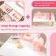 Kids vanity table set in pink with 2 large drawers, storage shelf, and detachable mirror for versatile use.