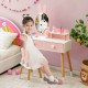Kids vanity table and chair set in pink with rabbit mirror, featuring storage drawers and ergonomic design for.