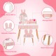 Kids vanity table set with rabbit mirror, pink design, beech wood legs, and spacious storage for playroom or bedroom.
