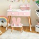 Kids vanity table and chair set in pink with storage drawers, detachable mirror, and ergonomic design for playrooms.