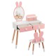 Kids vanity table set with pink rabbit mirror, two drawers, and ergonomic chair for bedrooms and playrooms.