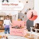 Kids pink wooden toy box with safety hinge, spacious interior, and comfortable backrest for playroom or nursery use.