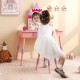 Kids princess vanity table and stool set in pink with a mirror, featuring a castle theme, ideal for ages 3 and up.