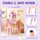 Kids princess vanity table and stool set in pink with a mirror, sturdy wood legs, and anti-tipping design for safety.