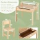 Toddler activity table and chair set with paper roll holder, solid wood legs, and flip-top design for extra storage.