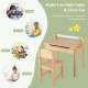 Toddler multifunctional activity table and chair set in natural wood, featuring a paper roll holder and storage space.